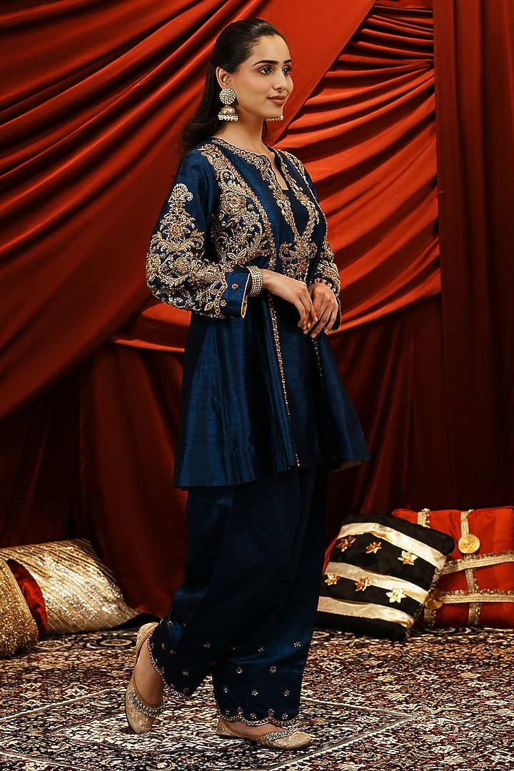 Deep Teal Blue Silk Zardosi & Dabka Embroidered Kurta Set by NIKUNJ BY NIIDHI BAJAJ at Pernia's Pop Up Shop
