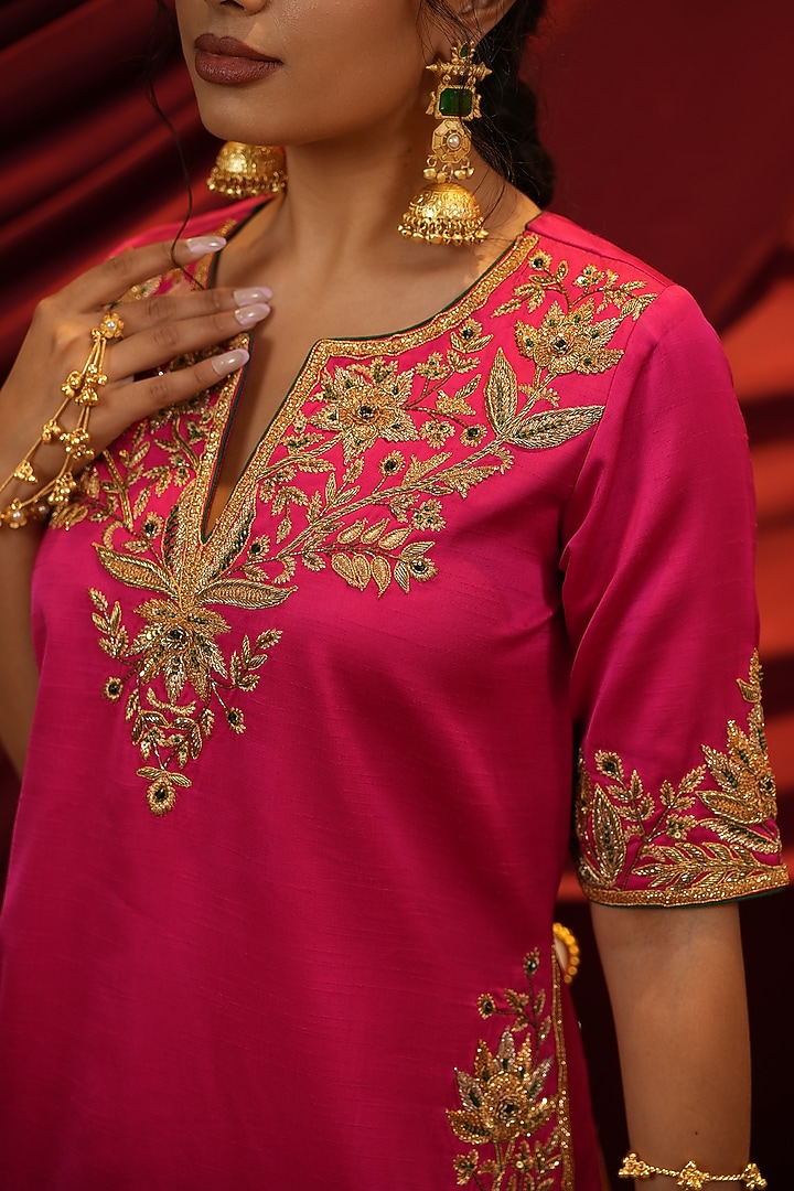Rani Pink Silk Hand Embroidered Short Kurta Set by NIKUNJ BY NIIDHI BAJAJ at Pernia's Pop Up Shop