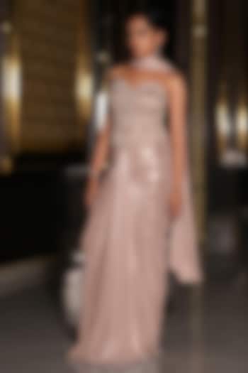 Rose gold Foil Jersey Draped Skirt Wedding Saree Set by NIKUNJ BY NIIDHI BAJAJ at Pernia's Pop Up Shop