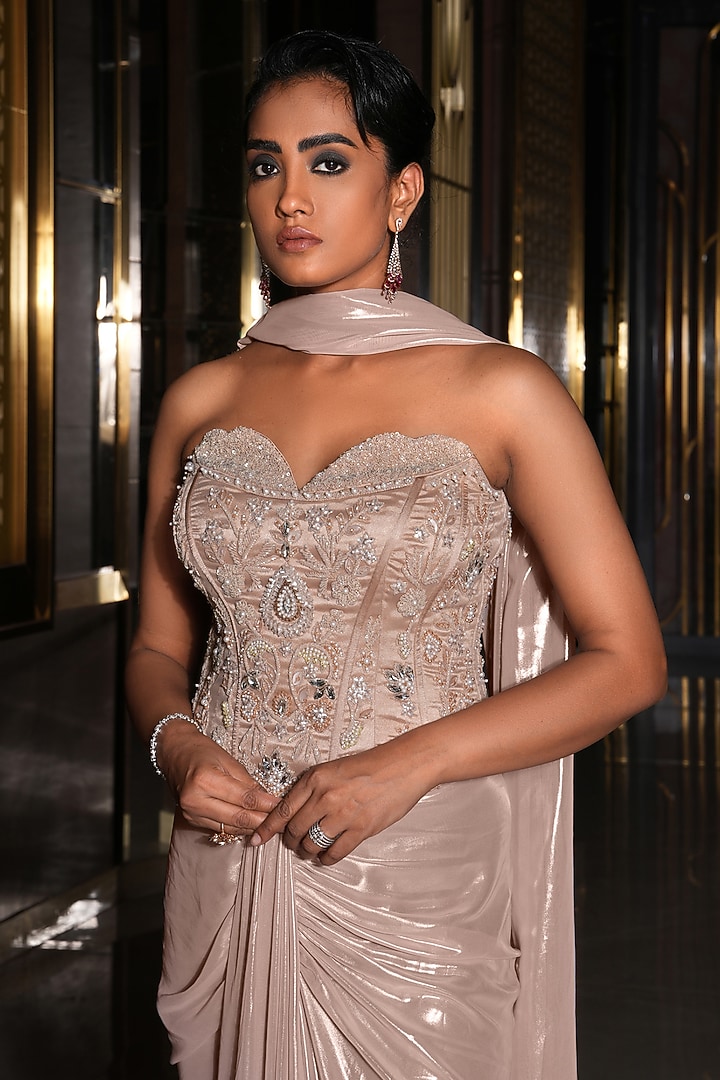 Rose gold Foil Jersey Draped Skirt Wedding Saree Set by NIKUNJ BY NIIDHI BAJAJ at Pernia's Pop Up Shop