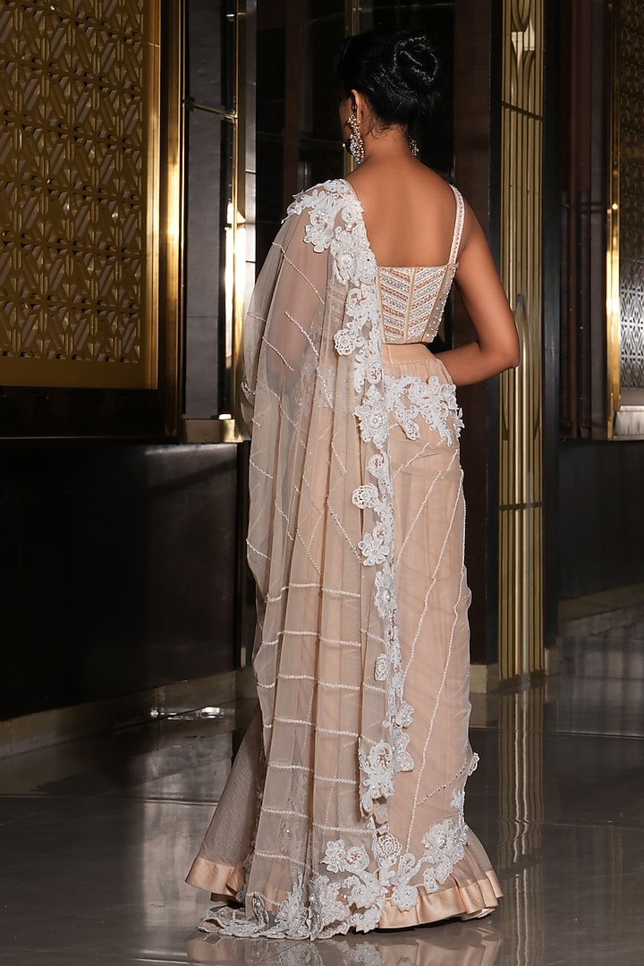 Peach Organza Hand Embroidered Draped Wedding Saree Set by NIKUNJ BY NIIDHI BAJAJ at Pernia's Pop Up Shop