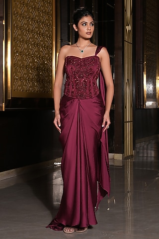 Wine Armani Satin Draped Skirt Saree Set by NIKUNJ BY NIIDHI BAJAJ