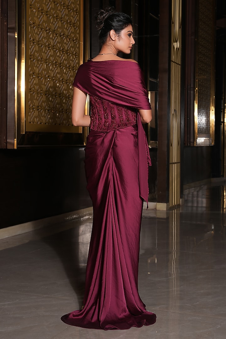 Wine Armani Satin Draped Skirt Wedding Saree Set by NIKUNJ BY NIIDHI BAJAJ at Pernia's Pop Up Shop