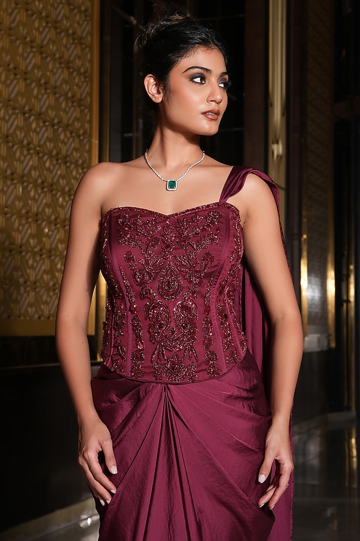 Wine Armani Satin Draped Skirt Wedding Saree Set by NIKUNJ BY NIIDHI BAJAJ at Pernia's Pop Up Shop