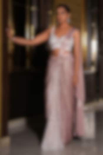 Dusty Rose Foil Jersey Hand Embroidered Draped Wedding Saree Set by NIKUNJ BY NIIDHI BAJAJ at Pernia's Pop Up Shop