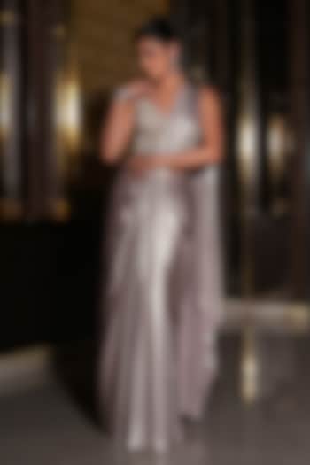 Metallic Silver Foil Jersey Hand Embroidered Draped Wedding Saree Set by NIKUNJ BY NIIDHI BAJAJ at Pernia's Pop Up Shop