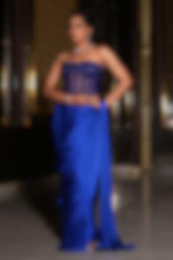 Royal Blue Armani Satin Hand Embroidered Draped Wedding Saree Set by NIKUNJ BY NIIDHI BAJAJ at Pernia's Pop Up Shop