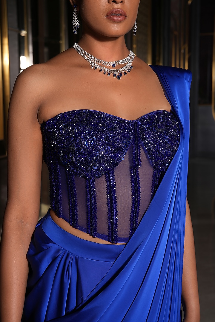 Royal Blue Armani Satin Hand Embroidered Draped Wedding Saree Set by NIKUNJ BY NIIDHI BAJAJ at Pernia's Pop Up Shop