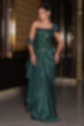 Bottle Green Armani Satin Hand Embroidered Draped Wedding Saree Set by NIKUNJ BY NIIDHI BAJAJ at Pernia's Pop Up Shop