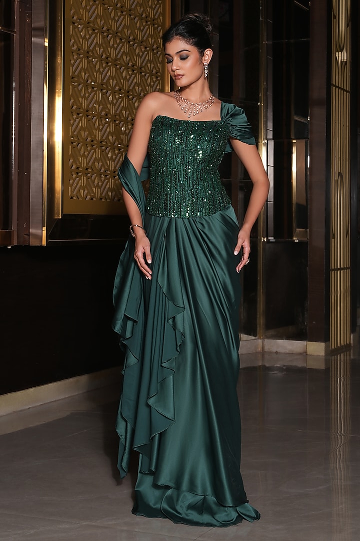 Bottle Green Armani Satin Hand Embroidered Draped Wedding Saree Set by NIKUNJ BY NIIDHI BAJAJ at Pernia's Pop Up Shop