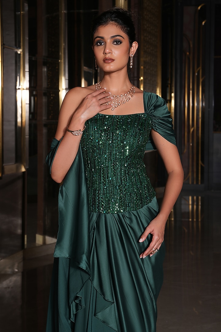 Bottle Green Armani Satin Hand Embroidered Draped Wedding Saree Set by NIKUNJ BY NIIDHI BAJAJ at Pernia's Pop Up Shop