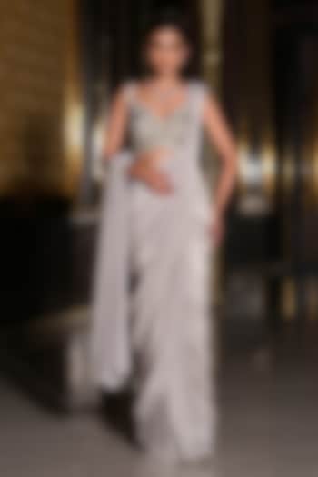 Ivory Metallic Foil Georgette Hand Embroidered Draped Wedding Saree Set by NIKUNJ BY NIIDHI BAJAJ at Pernia's Pop Up Shop