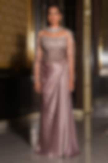 Dusty Rose Foil Jersey Hand Embroidered Draped Skirt Wedding Saree Set by NIKUNJ BY NIIDHI BAJAJ at Pernia's Pop Up Shop