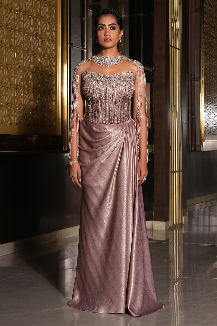 Dusty Rose Foil Jersey Hand Embroidered Draped Skirt Wedding Saree Set by NIKUNJ BY NIIDHI BAJAJ at Pernia's Pop Up Shop