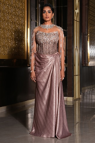 Dusty Rose Foil Jersey Hand Embroidered Draped Skirt Saree Set by NIKUNJ BY NIIDHI BAJAJ