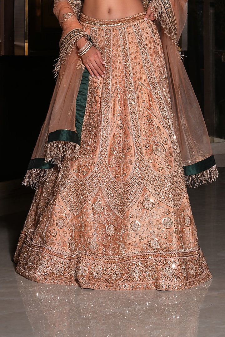 Golden Peach Net Hand Embroidered Wedding Lehenga Set by NIKUNJ BY NIIDHI BAJAJ at Pernia's Pop Up Shop