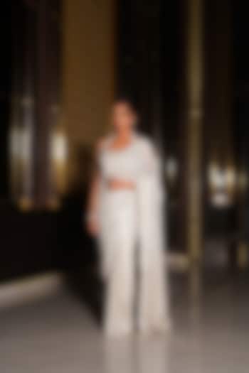 Candle Cream Foil Organza Hand Embroidered Draped Wedding Saree Set by NIKUNJ BY NIIDHI BAJAJ at Pernia's Pop Up Shop