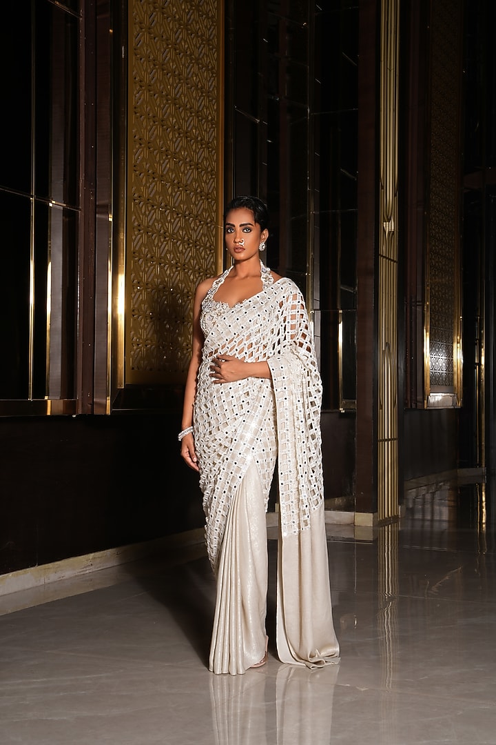 Candle Cream Foil Organza Hand Embroidered Draped Wedding Saree Set by NIKUNJ BY NIIDHI BAJAJ at Pernia's Pop Up Shop