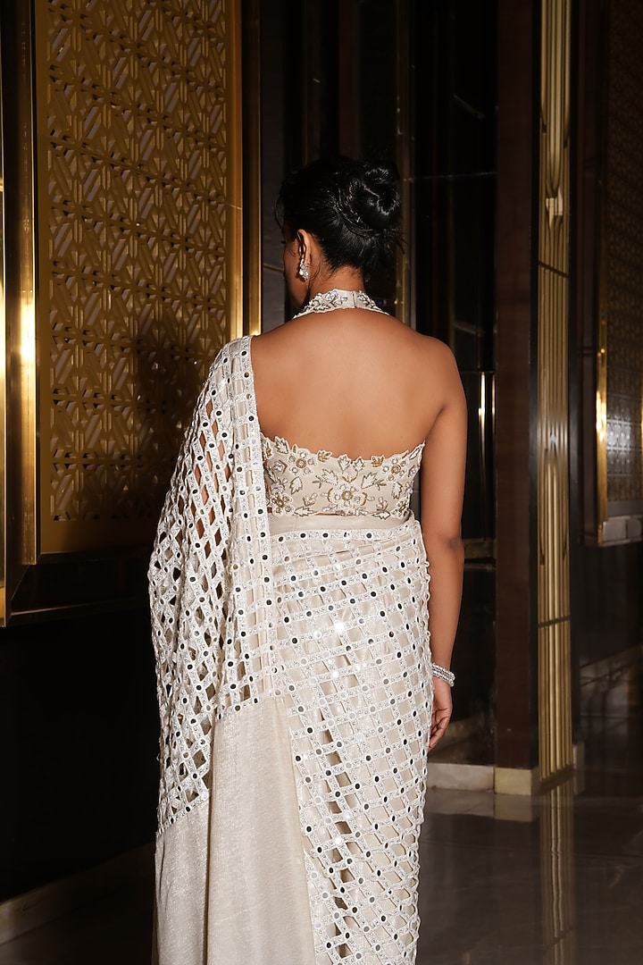 Candle Cream Foil Organza Hand Embroidered Draped Wedding Saree Set by NIKUNJ BY NIIDHI BAJAJ at Pernia's Pop Up Shop