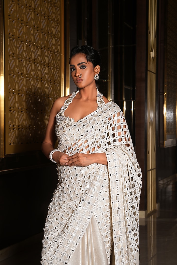 Candle Cream Foil Organza Hand Embroidered Draped Wedding Saree Set by NIKUNJ BY NIIDHI BAJAJ at Pernia's Pop Up Shop