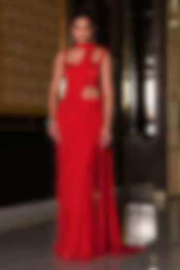 Red Lycra Cutwork Hand Embroidered Draped Wedding Saree Set by NIKUNJ BY NIIDHI BAJAJ at Pernia's Pop Up Shop