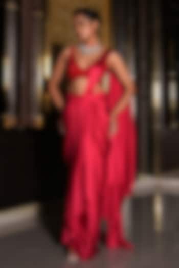 Siren Red Armani Satin Draped Wedding Saree Set by NIKUNJ BY NIIDHI BAJAJ at Pernia's Pop Up Shop