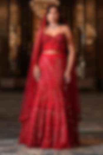 Signature Red Net Hand Embroidered Fish-Cut Wedding Lehenga Set by NIKUNJ BY NIIDHI BAJAJ at Pernia's Pop Up Shop