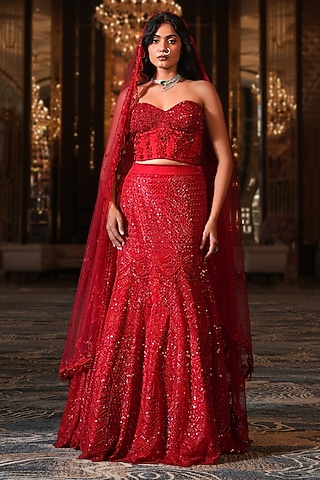 Signature Red Net Hand Embroidered Fish-Cut Lehenga Set by NIKUNJ BY NIIDHI BAJAJ