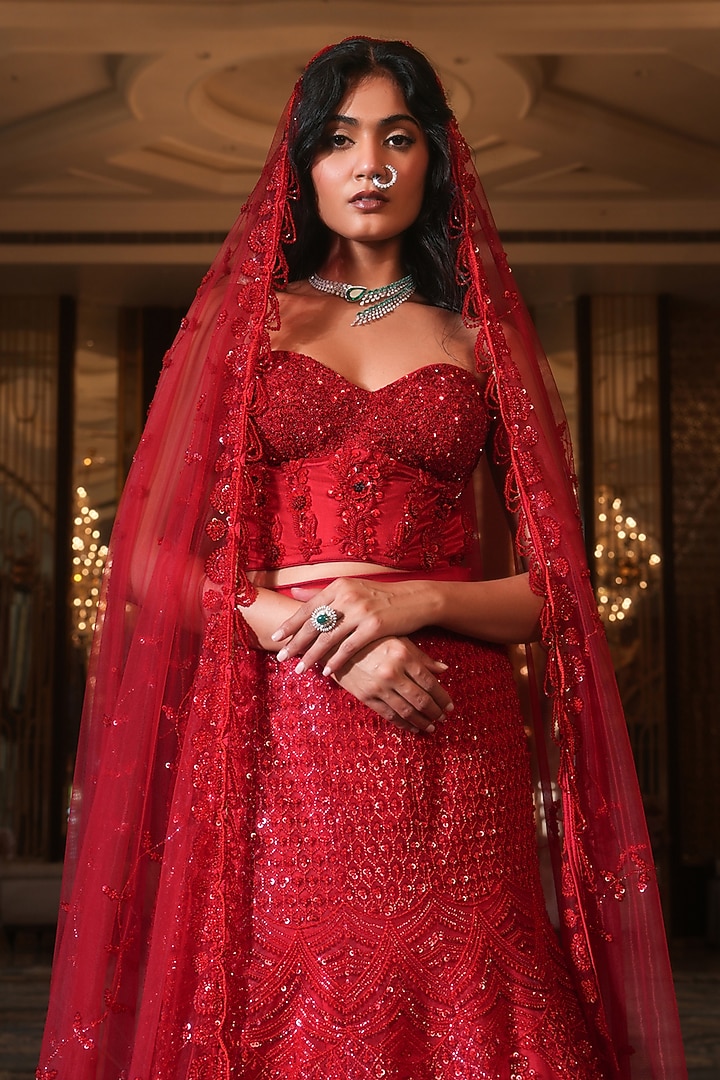 Signature Red Net Hand Embroidered Fish-Cut Wedding Lehenga Set by NIKUNJ BY NIIDHI BAJAJ at Pernia's Pop Up Shop