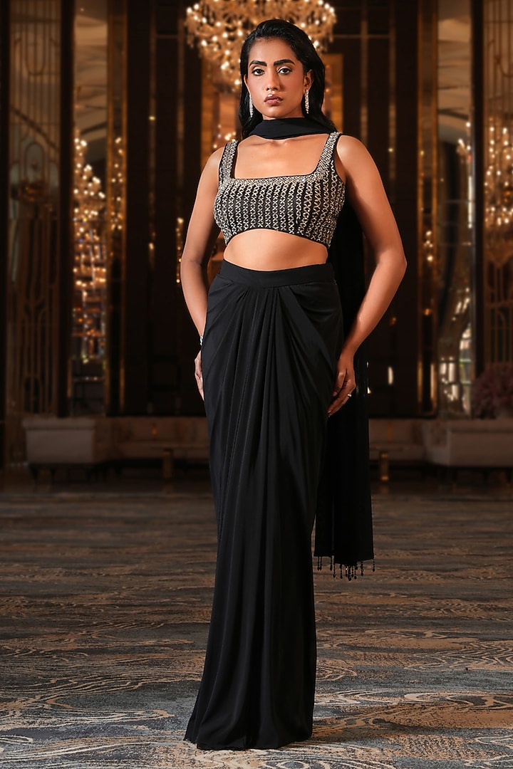 Black Lycra Draped Skirt Set by NIKUNJ BY NIIDHI BAJAJ at Pernia's Pop Up Shop