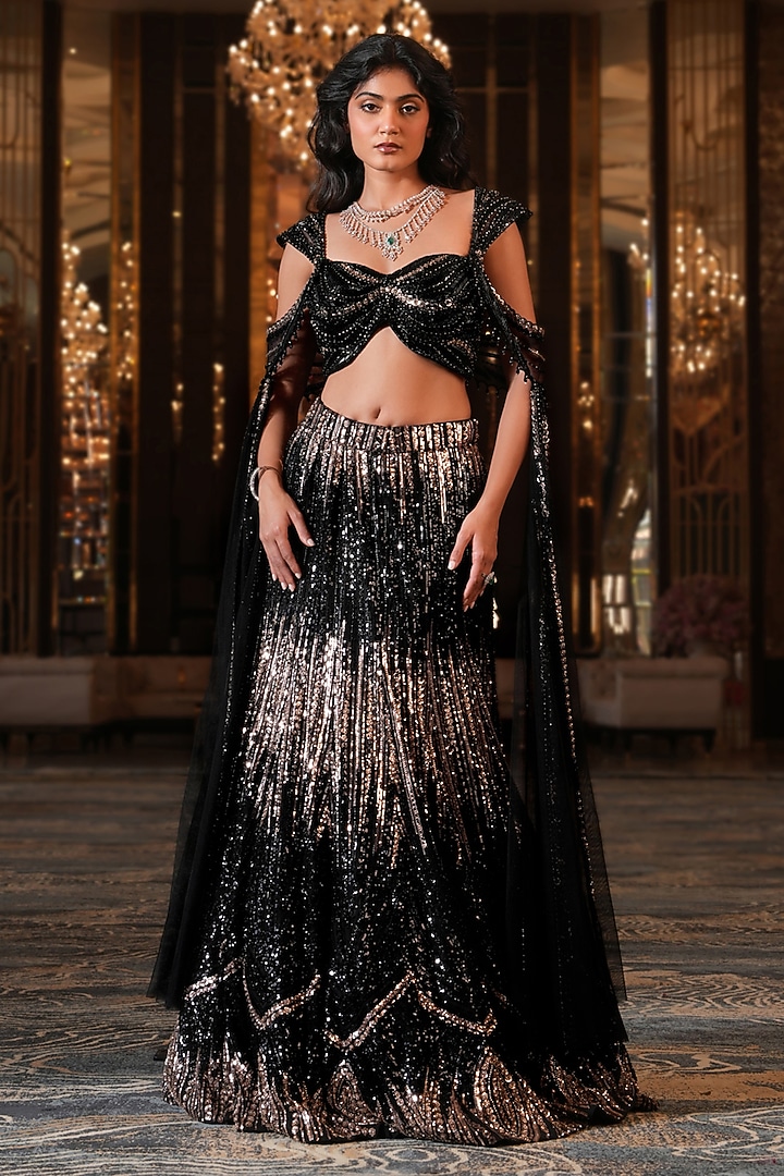 Black Net Hand Embroidered Fish-Cut Wedding Lehenga Set by NIKUNJ BY NIIDHI BAJAJ at Pernia's Pop Up Shop