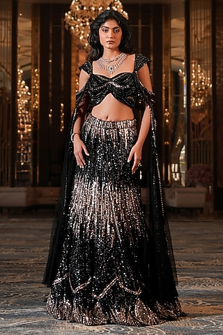 Black Net Hand Embroidered Fish-Cut Lehenga Set by NIKUNJ BY NIIDHI BAJAJ