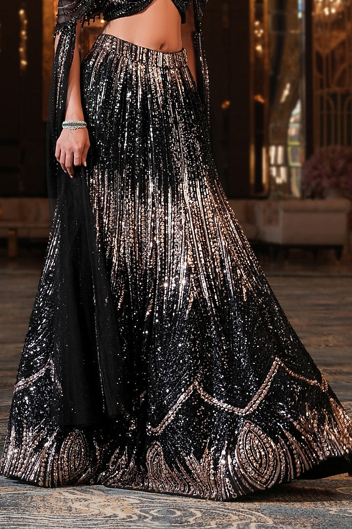 Black Net Hand Embroidered Fish-Cut Wedding Lehenga Set by NIKUNJ BY NIIDHI BAJAJ at Pernia's Pop Up Shop