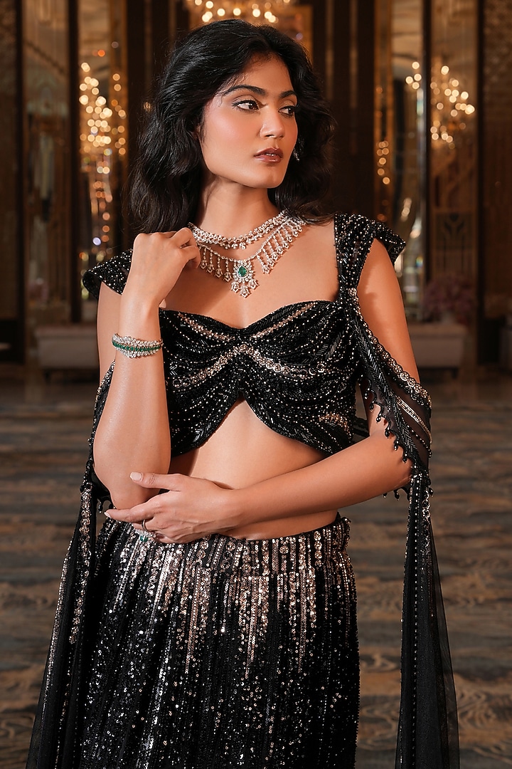 Black Net Hand Embroidered Fish-Cut Wedding Lehenga Set by NIKUNJ BY NIIDHI BAJAJ at Pernia's Pop Up Shop