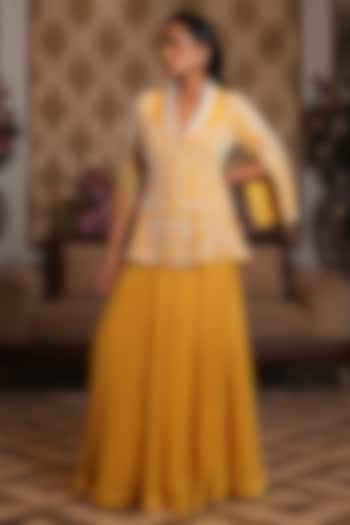 Bright Yellow Georgette Hand Embroidered Jacket Set by NIKUNJ BY NIIDHI BAJAJ at Pernia's Pop Up Shop