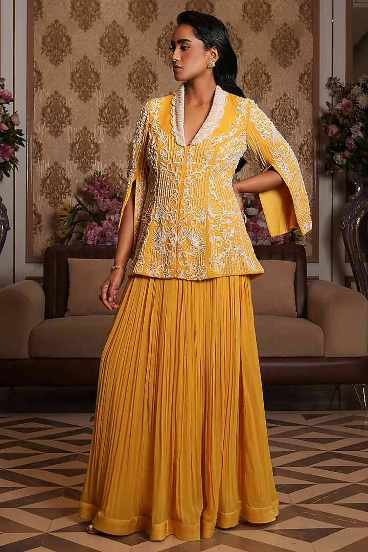 Bright Yellow Georgette Hand Embroidered Jacket Set by NIKUNJ BY NIIDHI BAJAJ at Pernia's Pop Up Shop