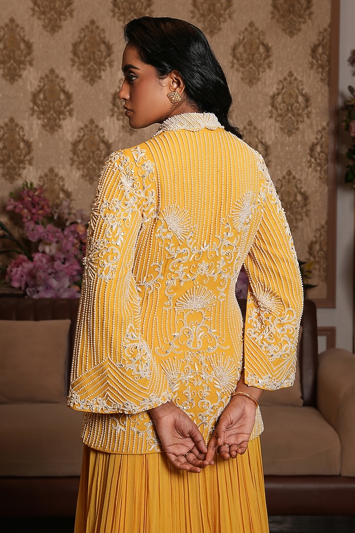 Bright Yellow Georgette Hand Embroidered Jacket Set by NIKUNJ BY NIIDHI BAJAJ at Pernia's Pop Up Shop