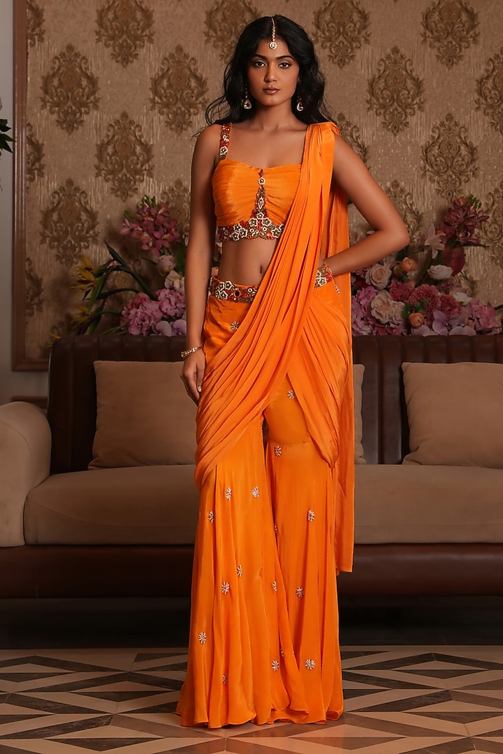 Bright Orange Crepe Draped Sharara Wedding Saree Set by NIKUNJ BY NIIDHI BAJAJ at Pernia's Pop Up Shop