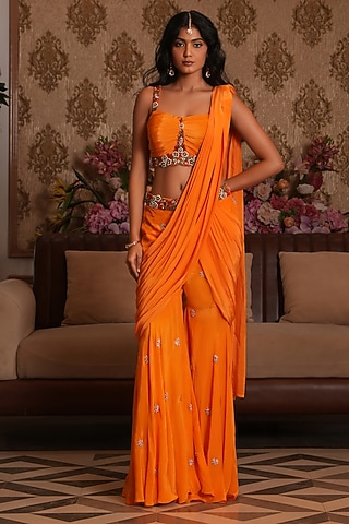 Bright Orange Crepe Draped Sharara Saree Set by NIKUNJ BY NIIDHI BAJAJ