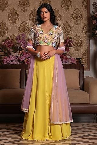 Yellow Georgette Hand Embroidered Lehenga Set by NIKUNJ BY NIIDHI BAJAJ