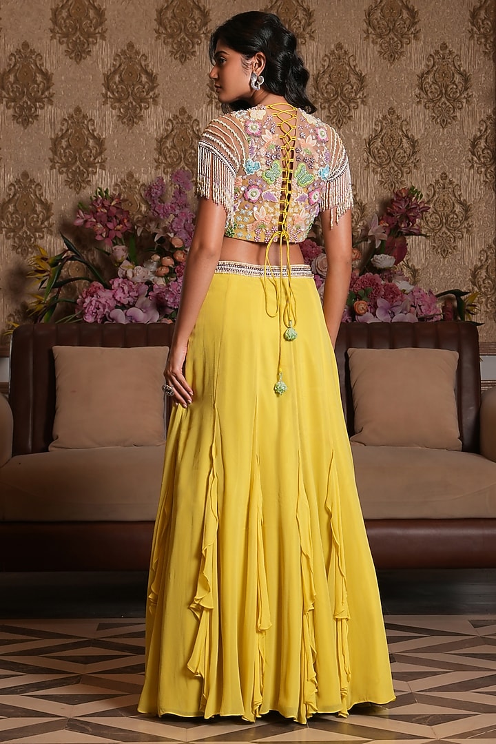 Yellow Georgette Hand Embroidered Wedding Lehenga Set by NIKUNJ BY NIIDHI BAJAJ at Pernia's Pop Up Shop