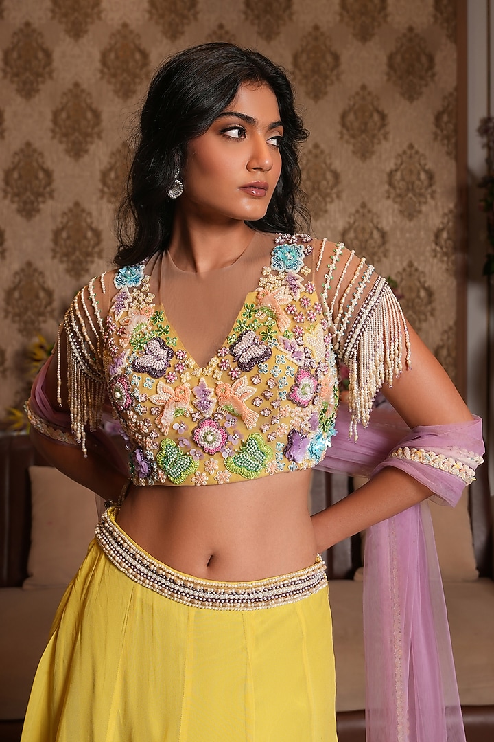 Yellow Georgette Hand Embroidered Wedding Lehenga Set by NIKUNJ BY NIIDHI BAJAJ at Pernia's Pop Up Shop