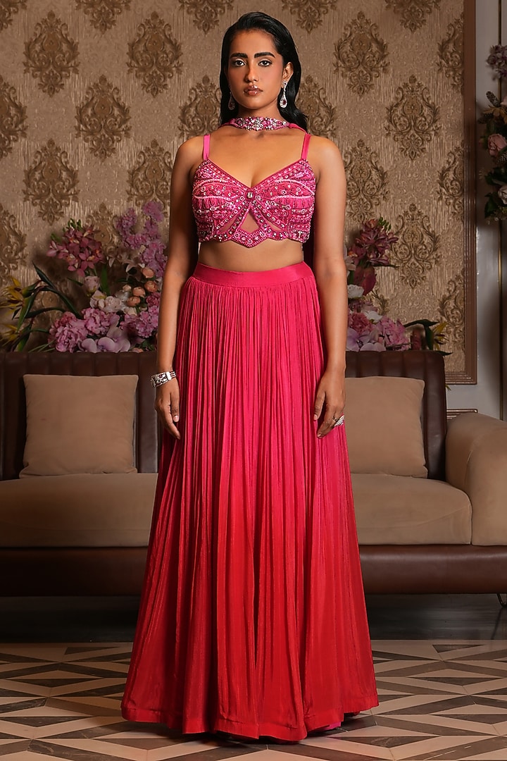 Pink Georgette Pleated Wedding Lehenga Set by NIKUNJ BY NIIDHI BAJAJ at Pernia's Pop Up Shop