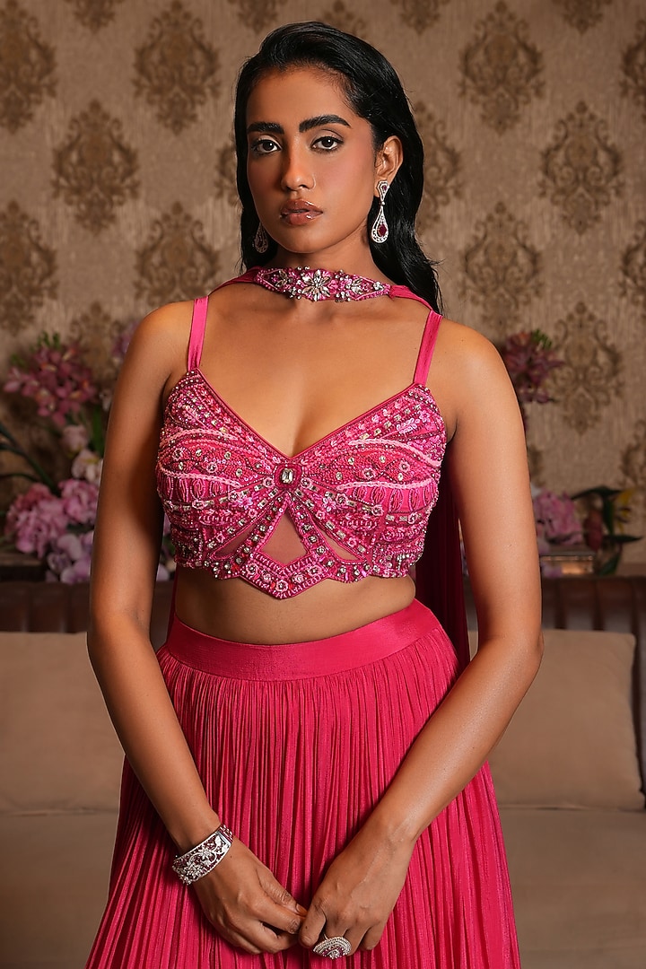 Pink Georgette Pleated Wedding Lehenga Set by NIKUNJ BY NIIDHI BAJAJ at Pernia's Pop Up Shop