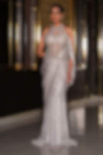 Nude Metallic Foil Jersey Embroidered Draped Wedding Gown Saree by NIKUNJ BY NIIDHI BAJAJ at Pernia's Pop Up Shop