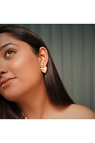 Gold Finish Heart Dangler Earrings by NIHIRAA INDIA
