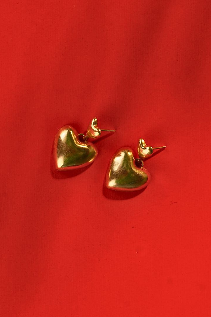 Gold Finish Heart Dangler Earrings by NIHIRAA INDIA at Pernia's Pop Up Shop
