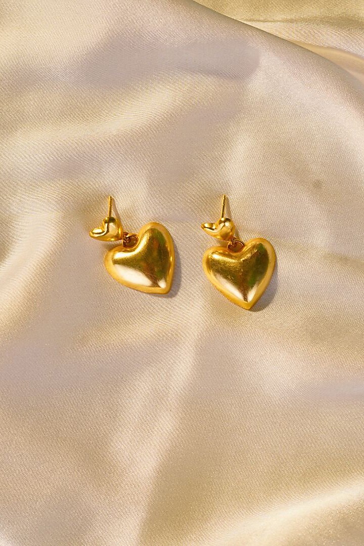Gold Finish Heart Dangler Earrings by NIHIRAA INDIA at Pernia's Pop Up Shop