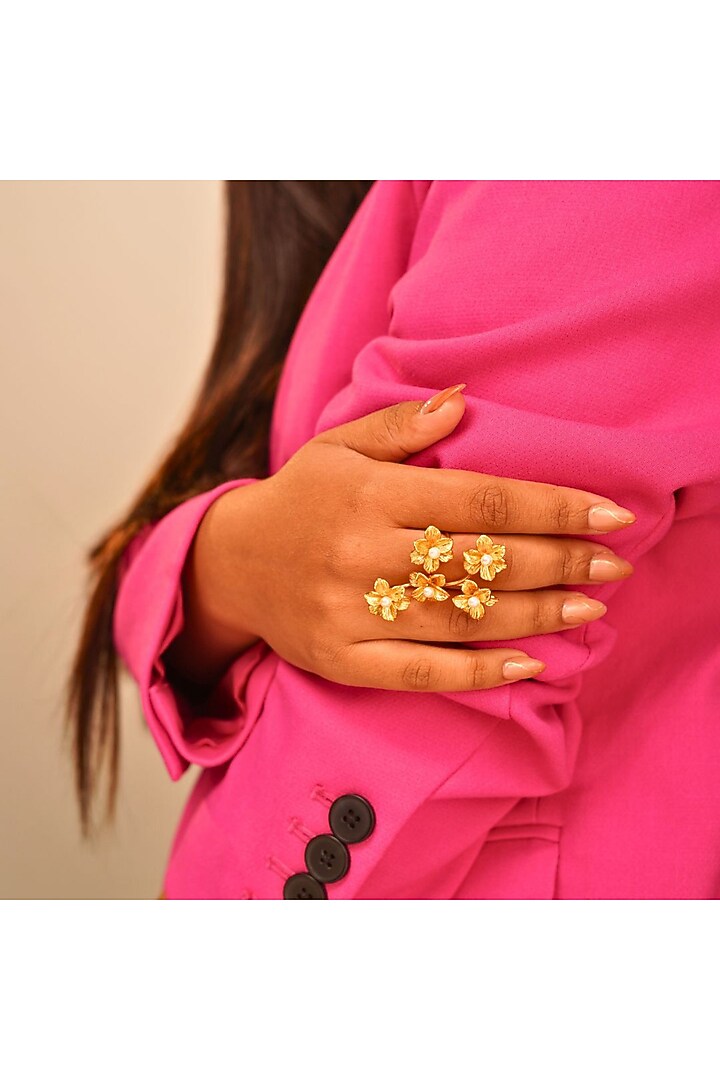 Gold Finish Handcrafted Floral Ring by NIHIRAA INDIA at Pernia's Pop Up Shop