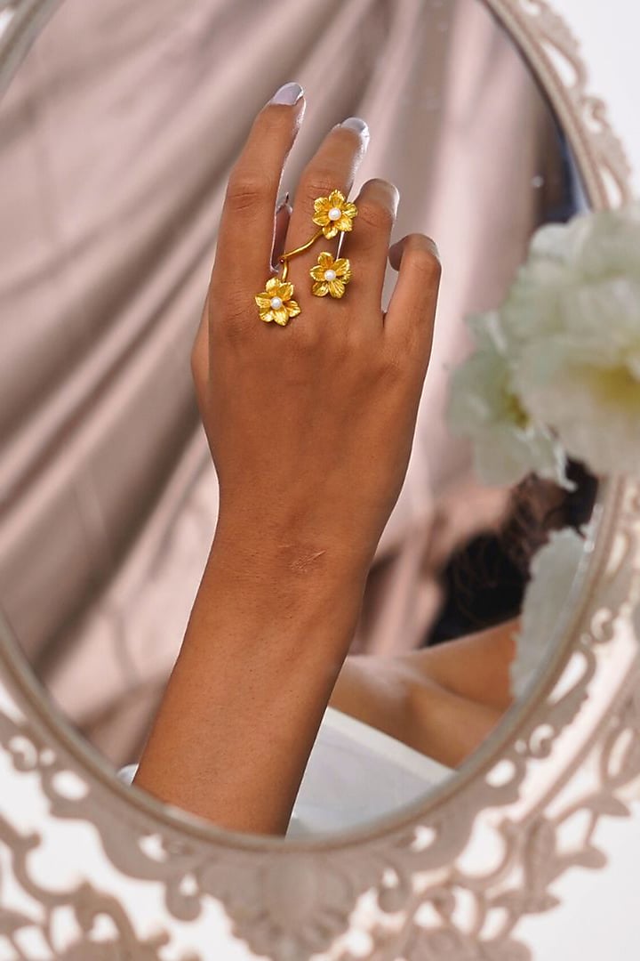 Gold Finish Handcrafted Floral Ring by NIHIRAA INDIA at Pernia's Pop Up Shop